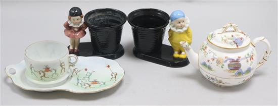An egg shell cup and saucer: Frog design, pair of figurative deco pots and a teapot